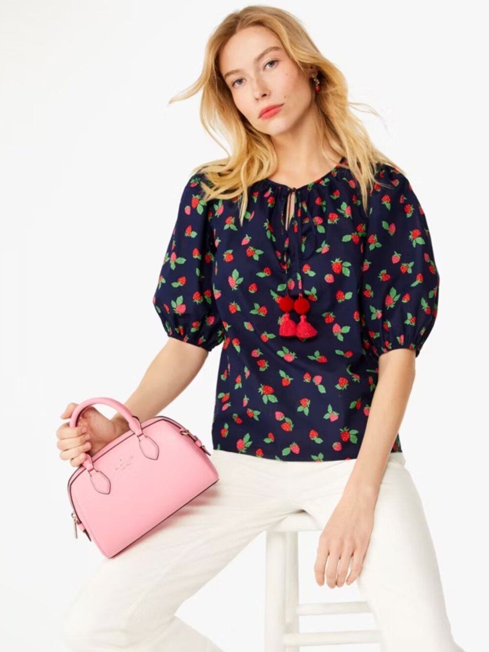 Kate Spade Tossed Strawberry Puff Sleeve Top Navy Blue Red Tassel Peasant small